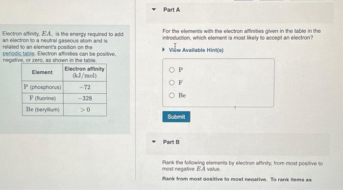 Solved Electron Affinity Ea Is The Energy Required To Add Chegg