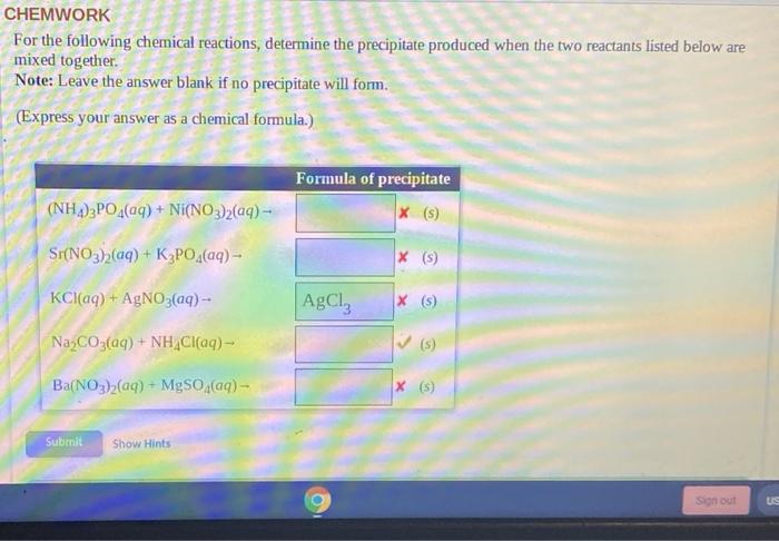 Solved Chemwork For The Following Chemical Reactions Chegg