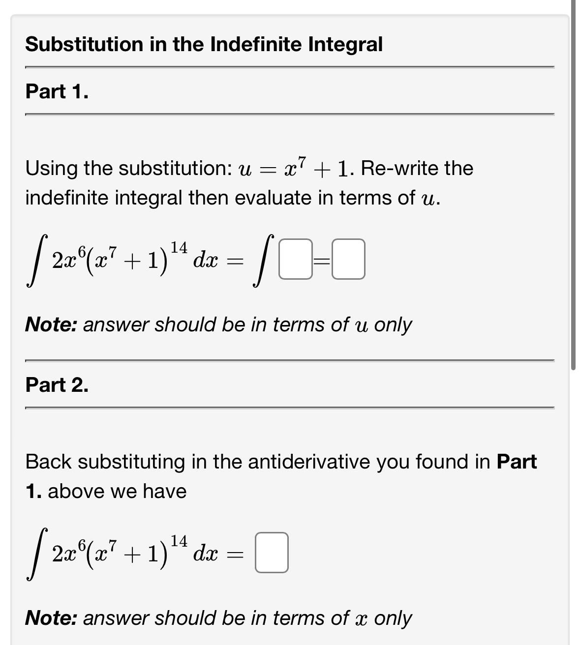 Solved Substitution In The Indefinite Integralpart Using Chegg