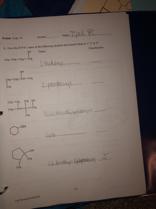 Solved Section Name Tyah B Prelab Expt A Give The Chegg