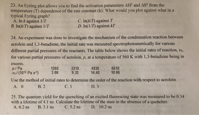 Solved 23 An Eyring Plot Allows You To Find The Activation Chegg