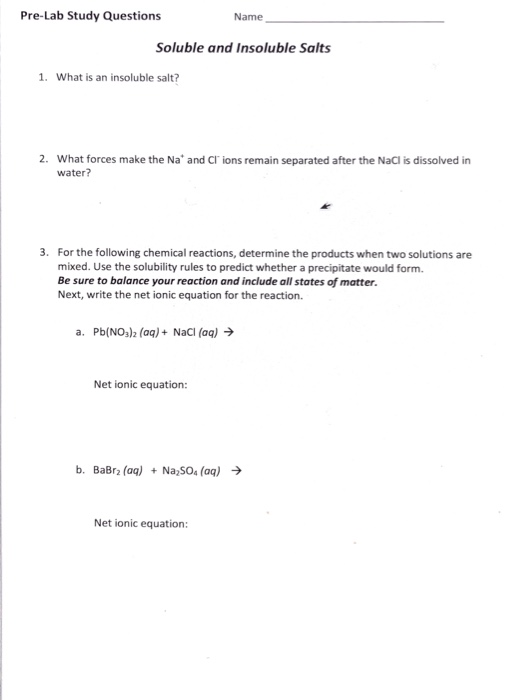 Solved Pre Lab Study Questions Name Soluble And Insoluble Chegg