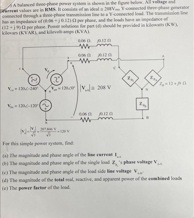 Solved A Balanced Three Phase Power System Is Shown In The Chegg