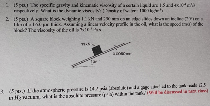 Solved 1 5 Pts The Specific Gravity And Kinematic Chegg