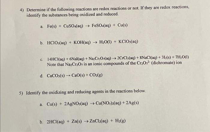 Solved Determine If The Following Reactions Are Redox