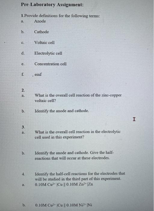 Solved Pre Laboratory Assignment 1 Provide Definitions For Chegg