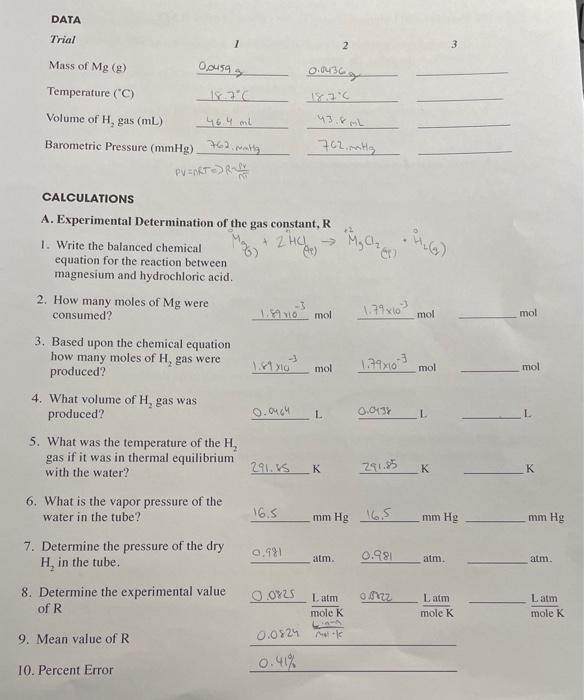 Solved Calculations A Experimental Determination Of The Gas Chegg