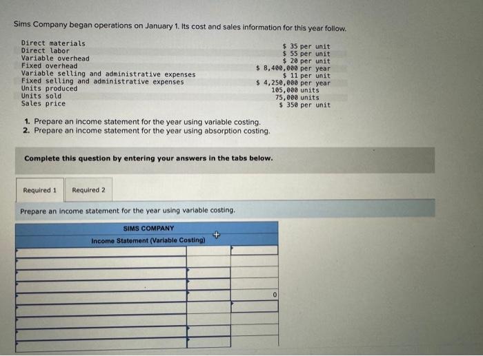 Solved Sims Company Began Operations On January Its Cost Chegg