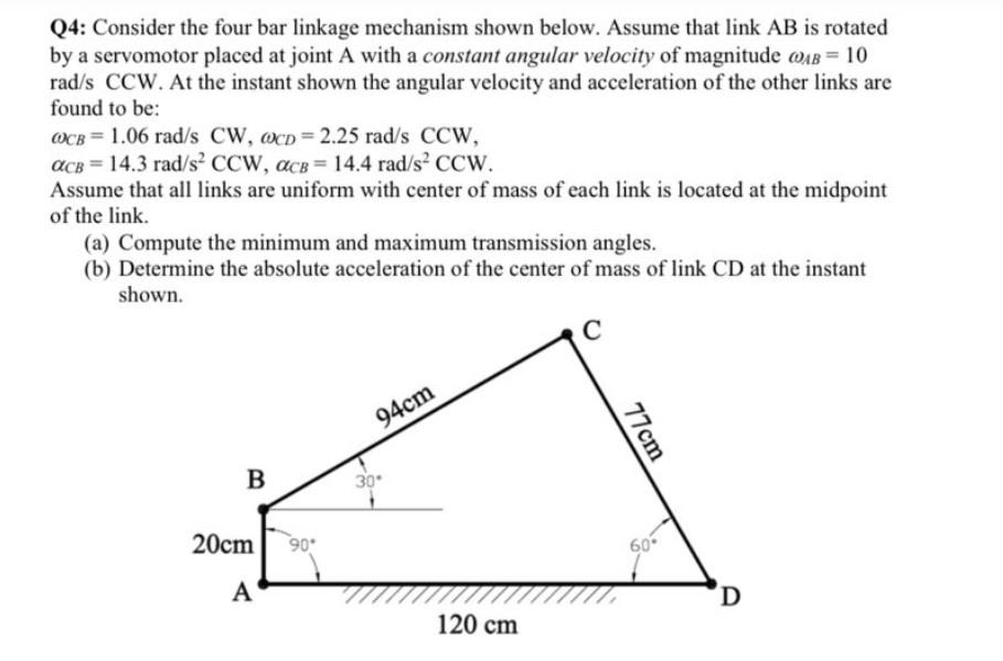 Solved Q4 Consider The Four Bar Linkage Mechanism Shown Chegg