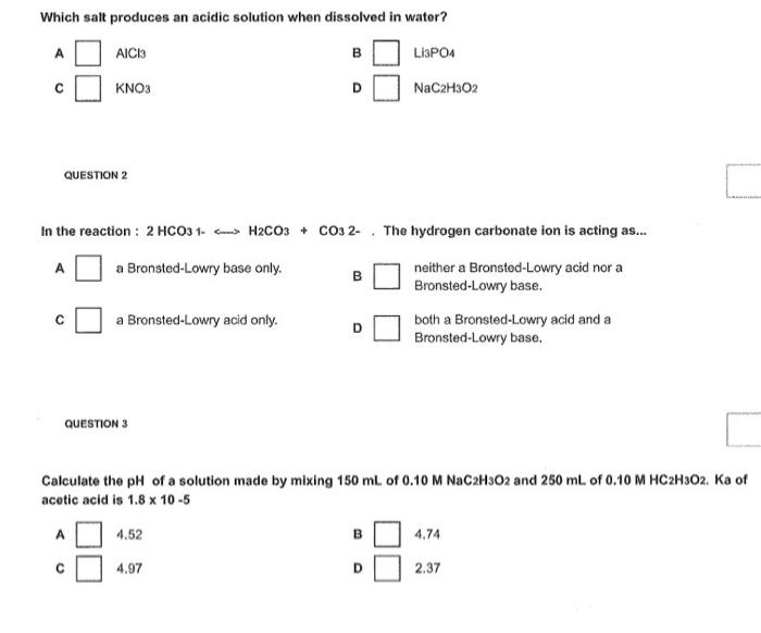 Solved Which Salt Produces An Acidic Solution When Dissolved Chegg