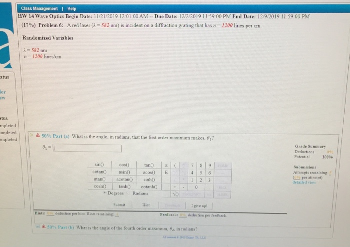 Solved Class Management Help HW 14 Wave Optics Begin Date Chegg