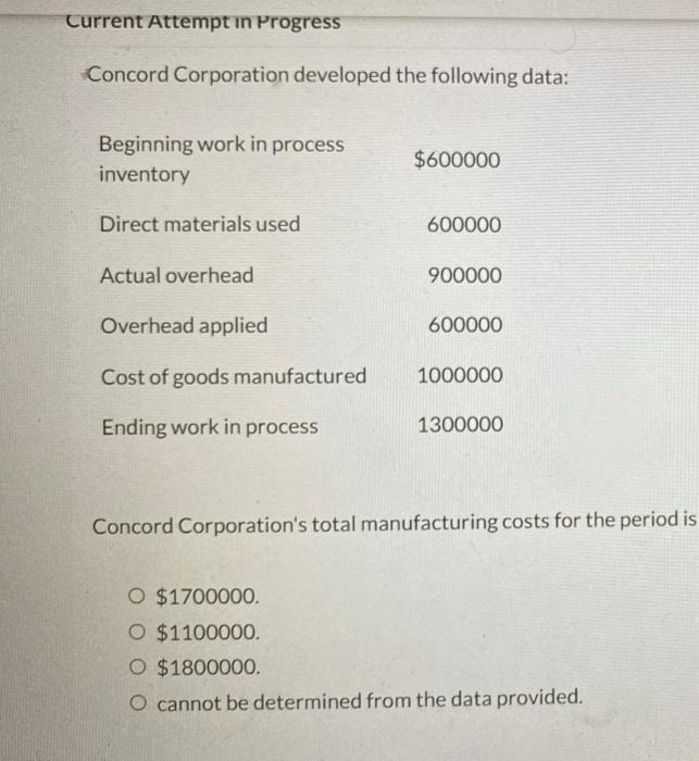 Solved Current Attempt In Progress Concord Corporation Chegg