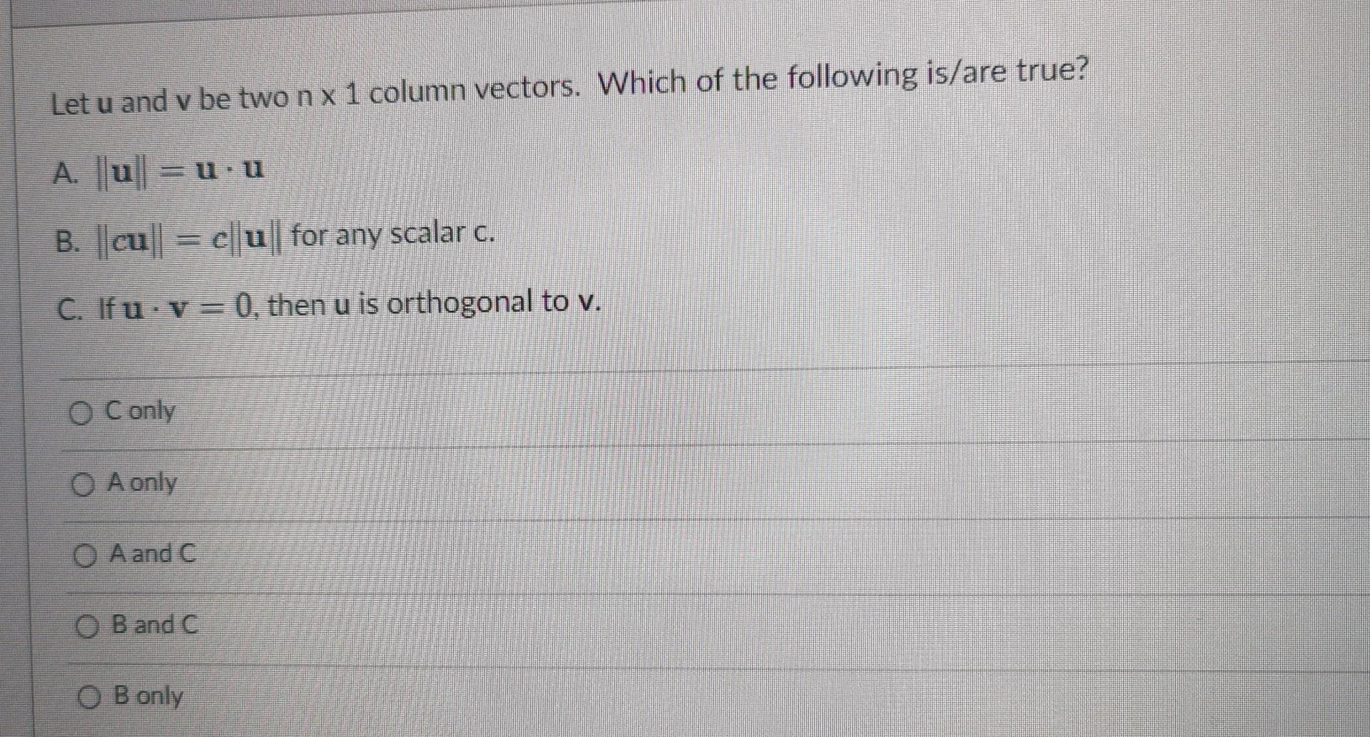 Solved Let U And V Be Two N Column Vectors Which Of The Chegg