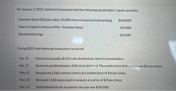 Solved On January 1 2025 Sunland Corporation Had The Chegg