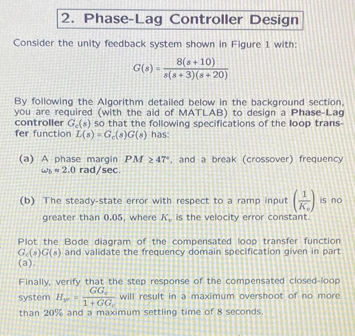 Solved Phase Lag Controller Design Consider The Unity Chegg