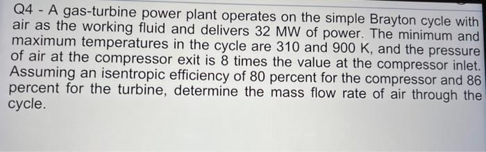 Solved Q4 A Gas Turbine Power Plant Operates On The Simple Chegg