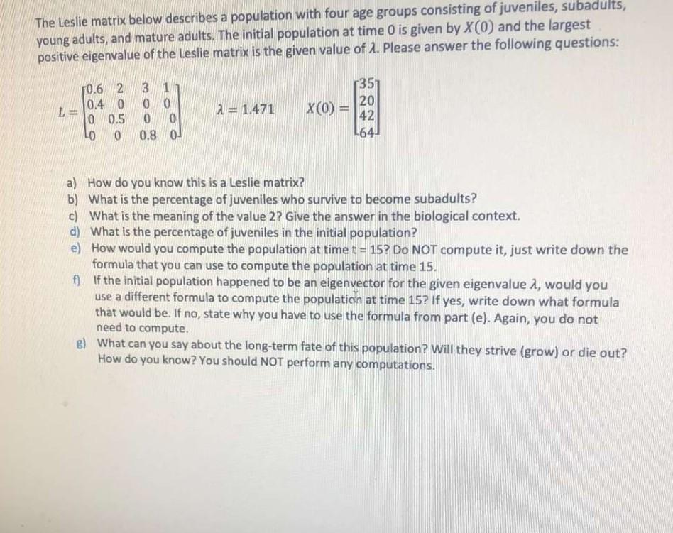 Solved The Leslie Matrix Below Describes A Population With Chegg