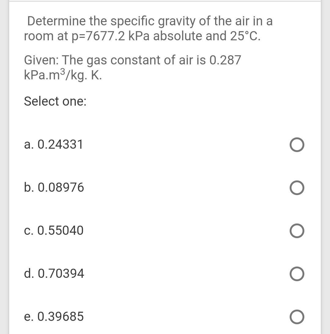 Solved Determine The Specific Gravity Of The Air In A Room Chegg