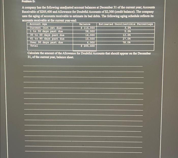 Solved Problem D A Company Has The Following Unadjusted Chegg