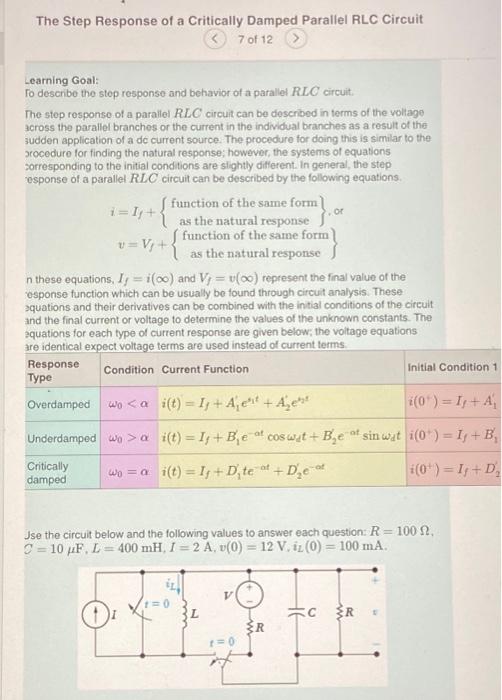 Solved The Step Response Of A Critically Damped Parallel Rlc Chegg