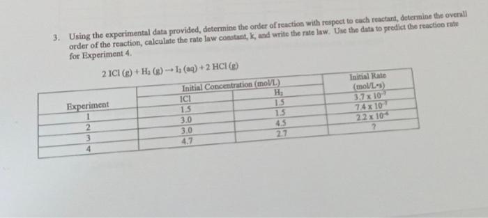 Solved 1 Using The Experimental Data Provided Determine Chegg