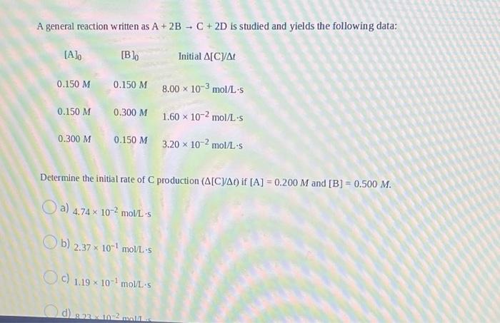 Solved A General Reaction Written As A 2B C 2D Is Chegg