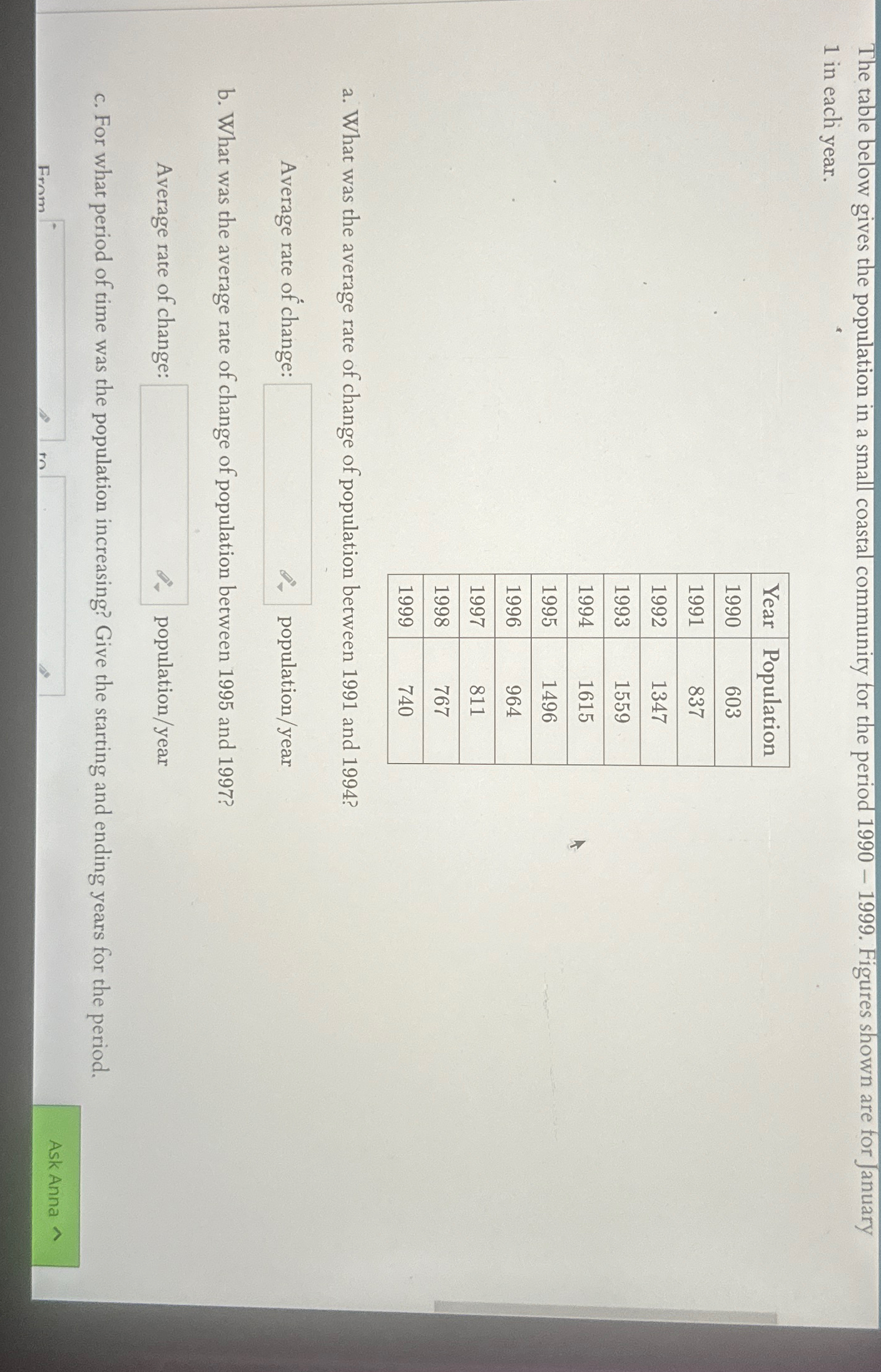 Solved The Table Below Gives The Population In A Small Chegg