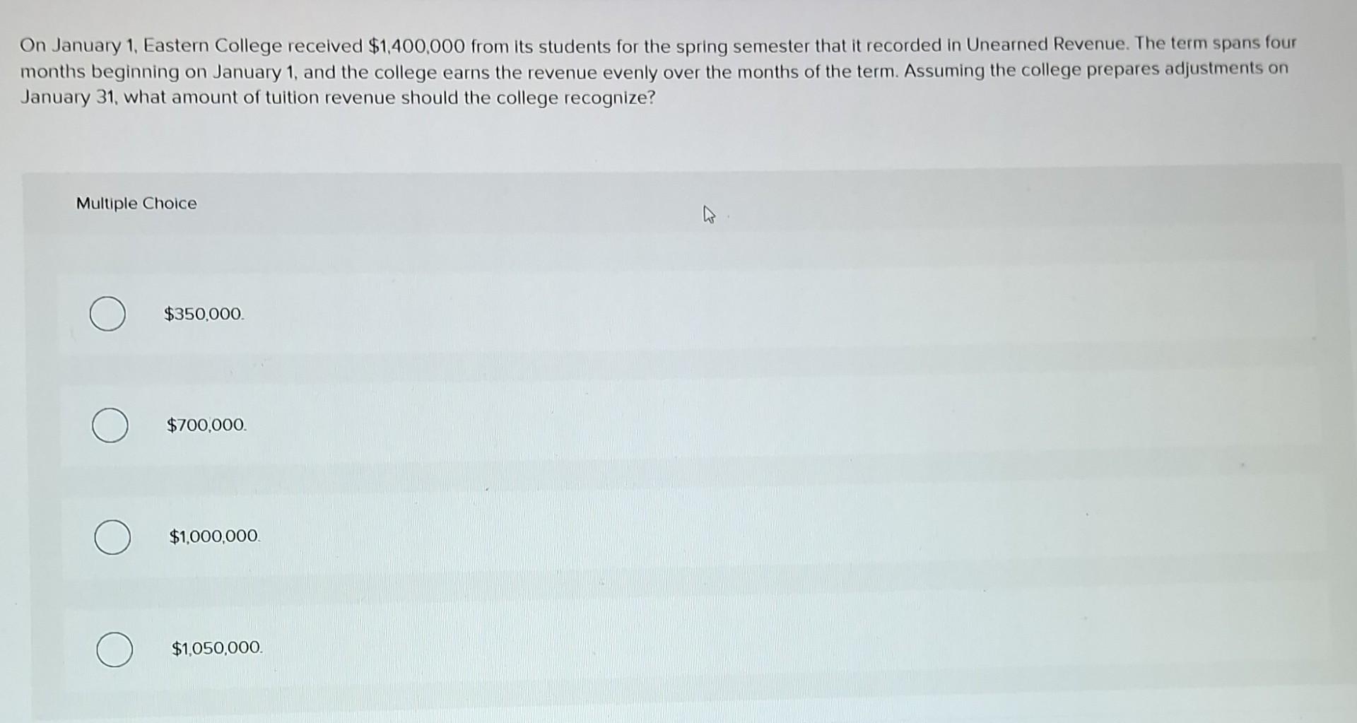 Solved On January 1 Eastern College Received 1 400 000 Chegg