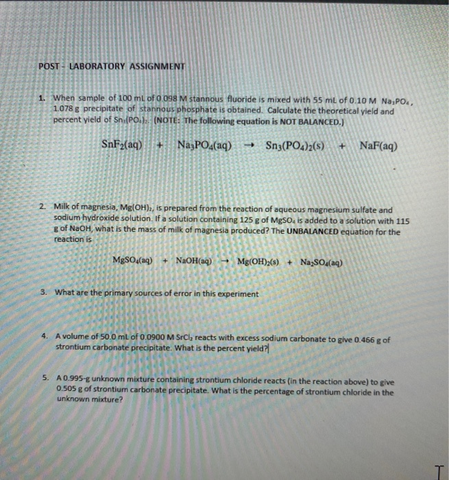 Solved Post Laboratory Assignment When Sample Of Ml Chegg