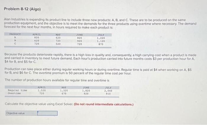 Solved Problem 8 12 Algo Alan Industries Is Expanding Its Chegg