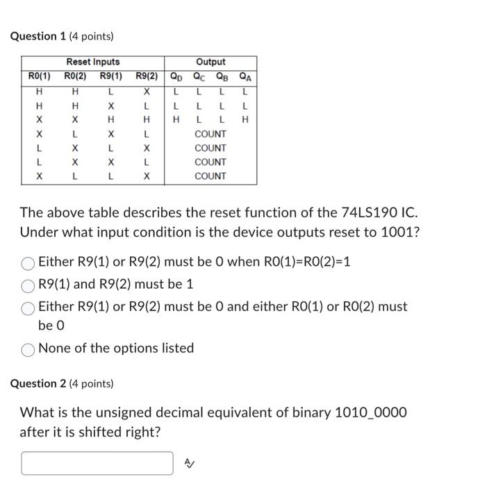 Solved Question 1 4 Points The Above Table Describes The Chegg