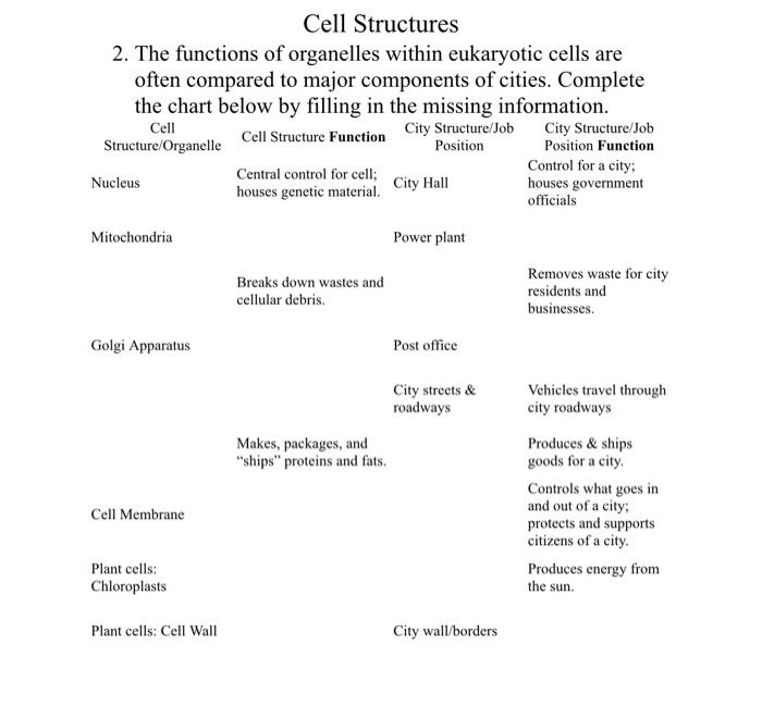 Solved Cell Structures The Functions Of Organelles Within Chegg