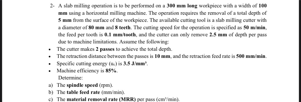 Solved 2 A Slab Milling Operation Is To Be Performed On A Chegg