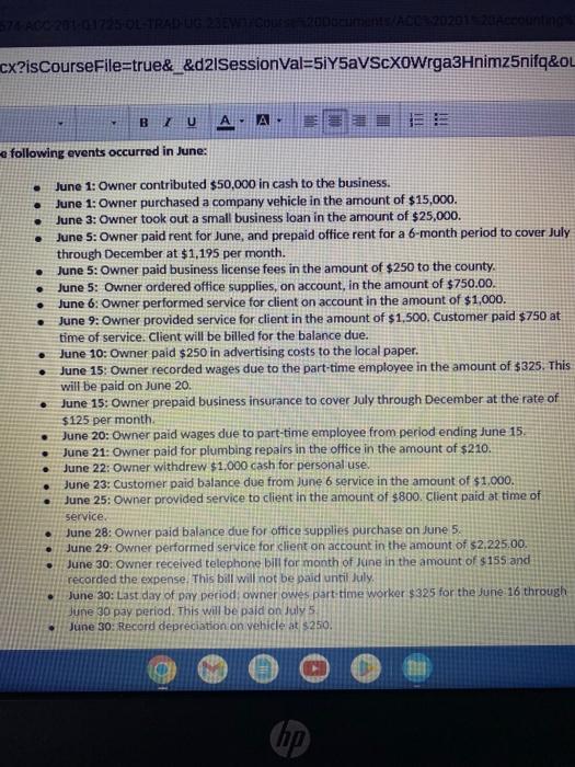 Solved June 1 Owner Contributed 50 000 In Cash To The Chegg