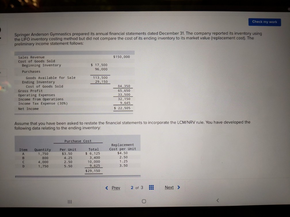 Solved Check My Work Springer Anderson Gymnastics Prepared Chegg