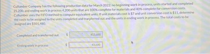 Solved Cullumber Company Has The Following Production Data Chegg