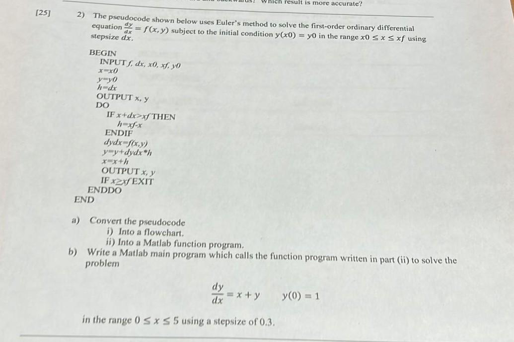 Solved 2 The Pseudocode Shown Below Uses Euler S Method To Chegg