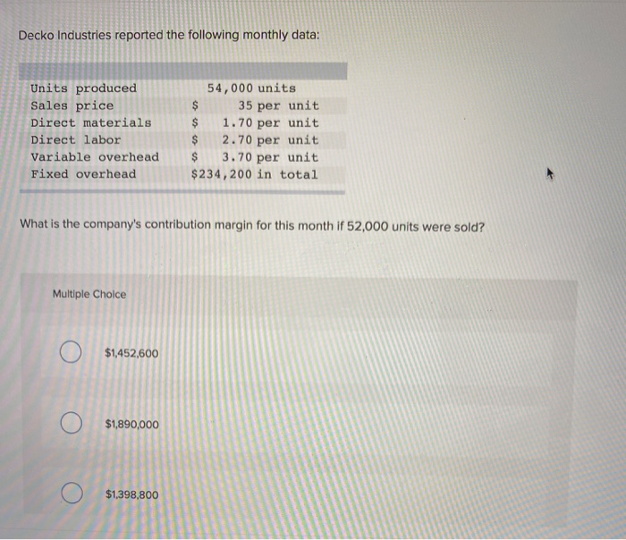 Solved Decko Industries Reported The Following Monthly Data Chegg