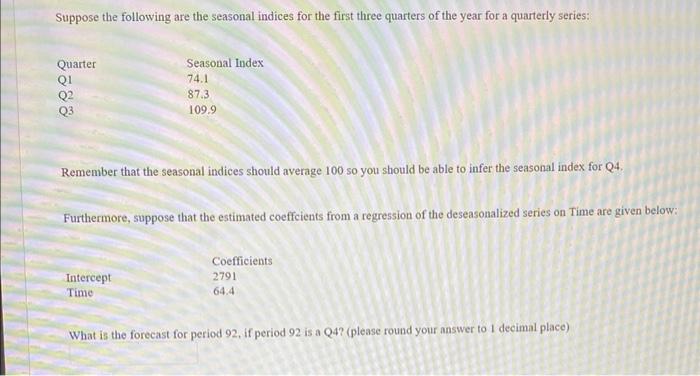 Solved Suppose The Following Are The Seasonal Indices For Chegg