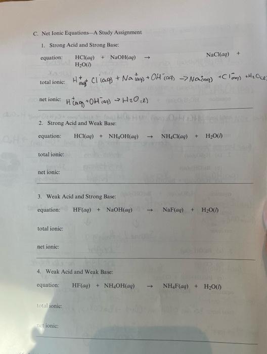 Solved C Net Ionic Equations A Study Assignment 1 Strong Chegg