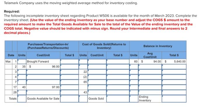 Solved Telamark Company Uses The Moving Weighted Average Chegg