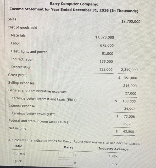 Solved RATIO ANALYSIS Data For Barry Computer Co And Its Chegg