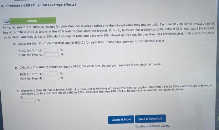 Solved 8 Problem 14 05 Financial Leverage Effects EBook Chegg