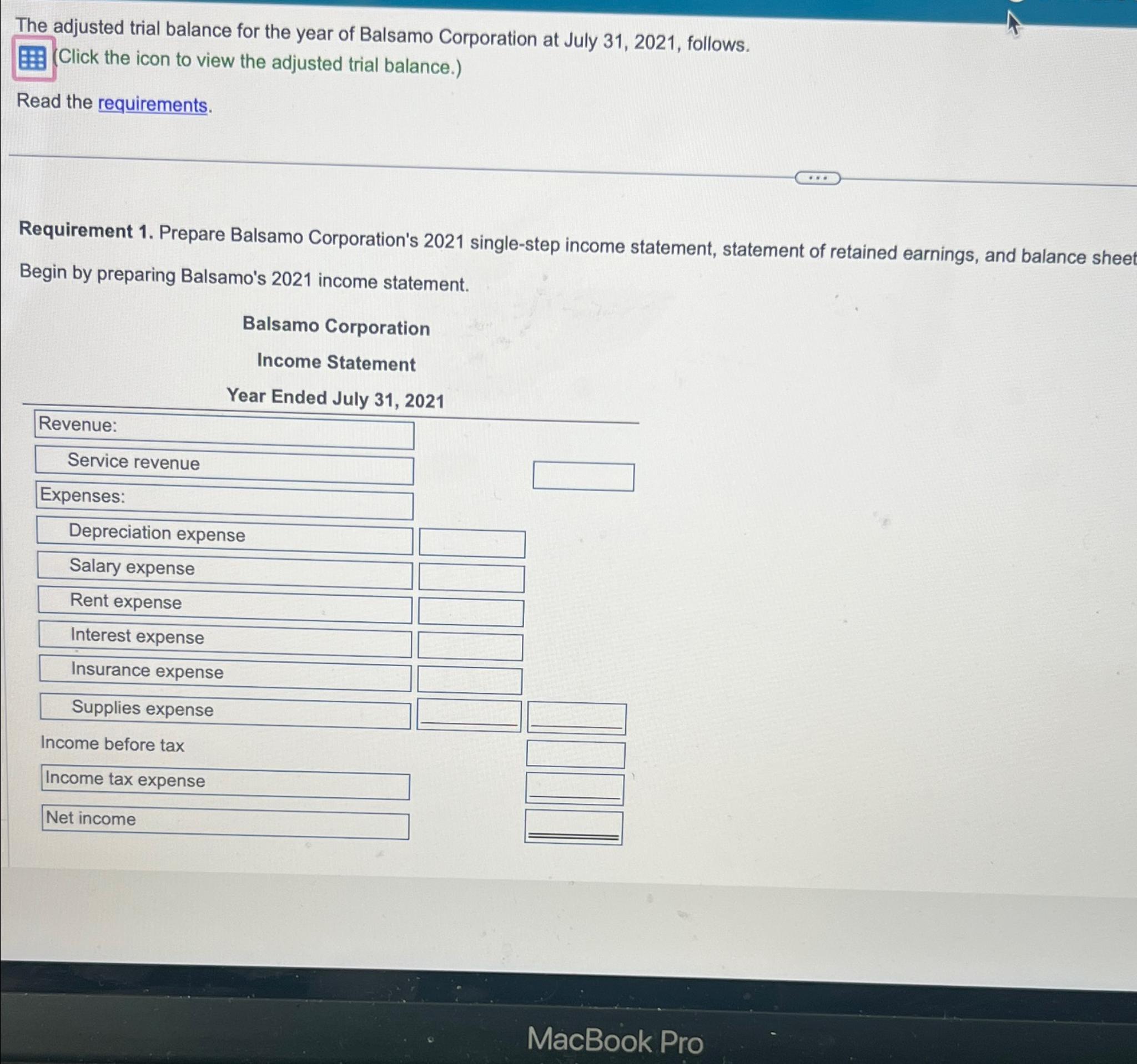 The Adjusted Trial Balance For The Year Of Balsamo Chegg