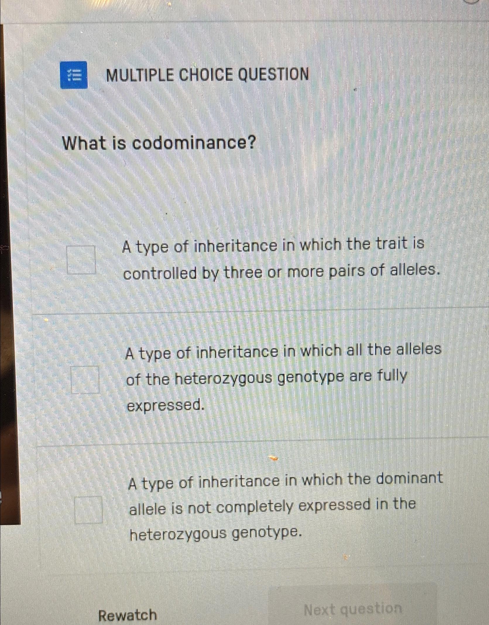 Solved MULTIPLE CHOICE QUESTIONWhat Is Codominance A Type Of Chegg