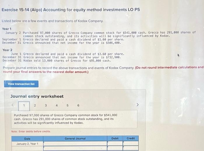 Solved Exercise Algo Accounting For Equity Method Chegg