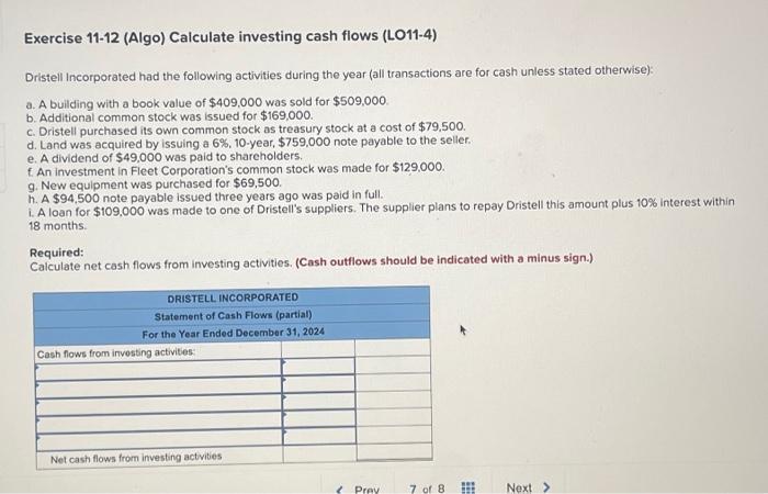 Solved Exercise 11 12 Algo Calculate Investing Cash Flows Chegg