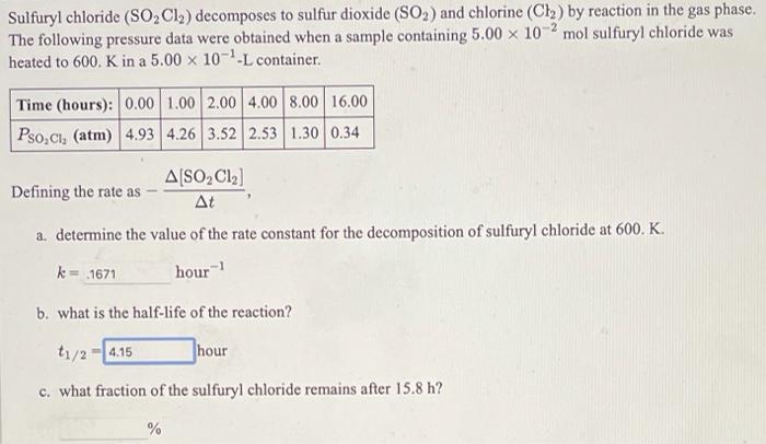 Solved Sulfuryl Chloride SO2Cl2 Decomposes To Sulfur Chegg