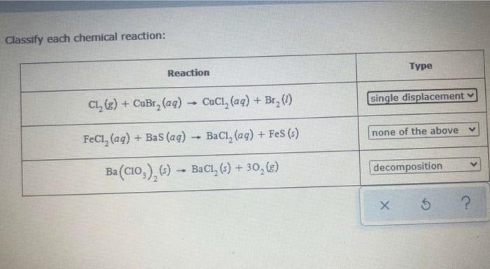 Solved Classify Each Chemical Reaction Type Reaction Single Chegg