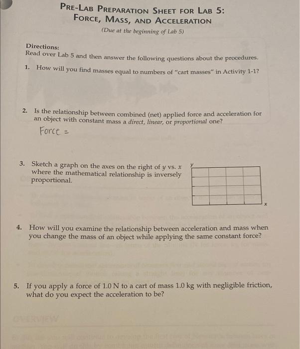 Solved Pre Lab Preparation Sheet For Lab Force Mass And Chegg